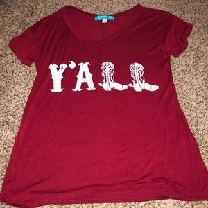Red country themed shirt that says y’all